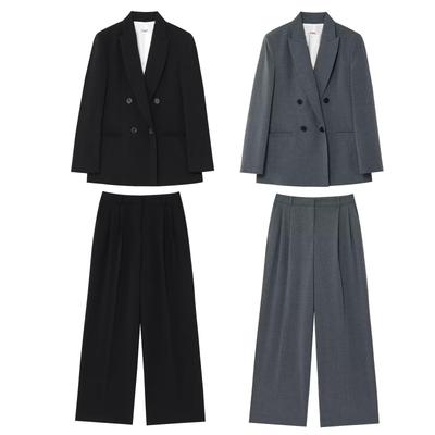 Conjunto de Dos Piezas para Mujer: Chaqueta de Traje con Hombros Acolchados de Doble Botonadura y Pantalones de Pierna Ancha