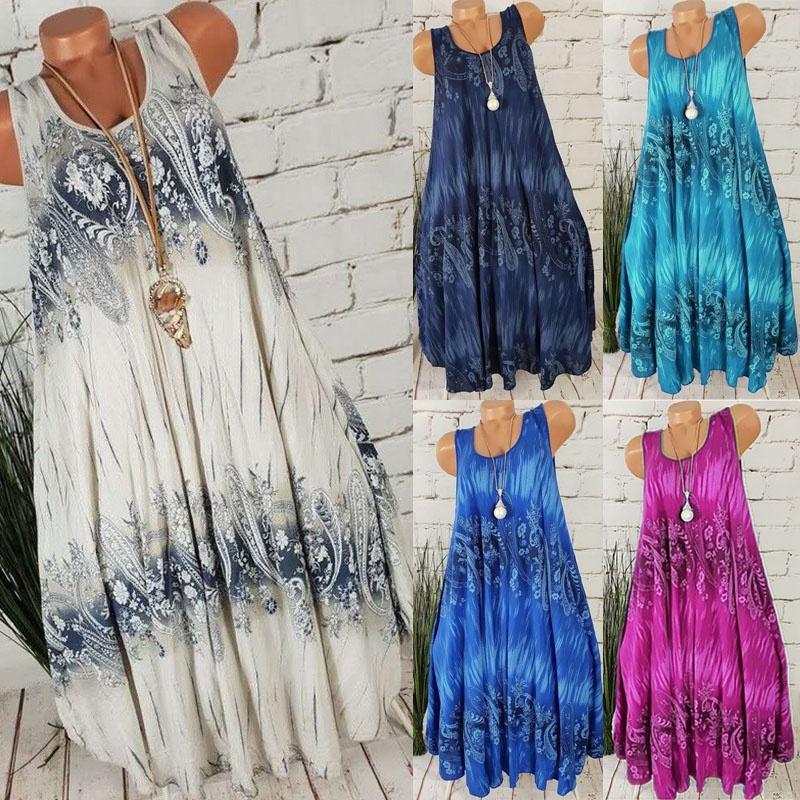 Comfortable Plus Size Women's Summer Sleeveless Floral Print Midi Dress For Casual Beach Wear