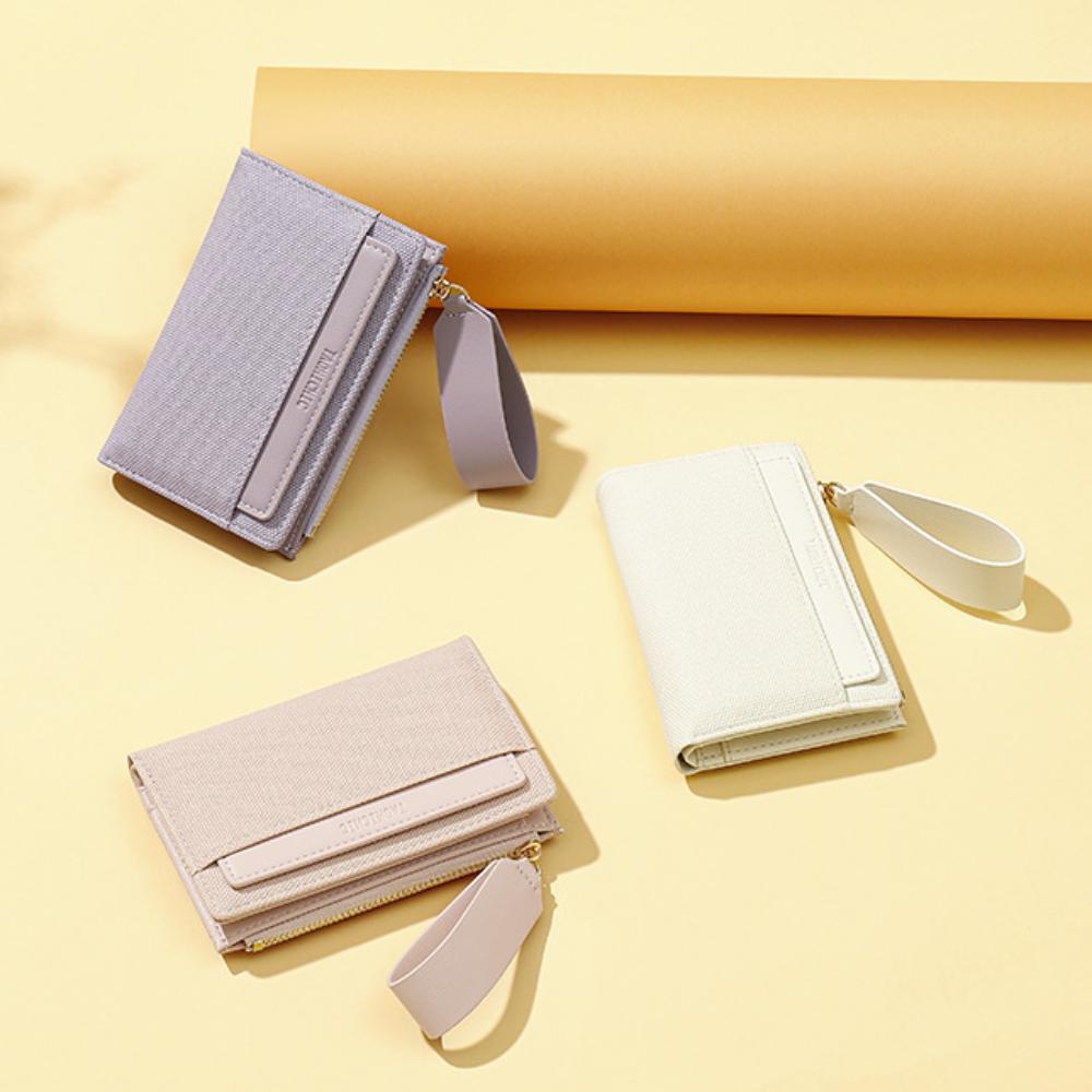 New PU Women's Purse Solid Color Fold Over Short Wallet Large Capacity with Zipper Design Card Bag