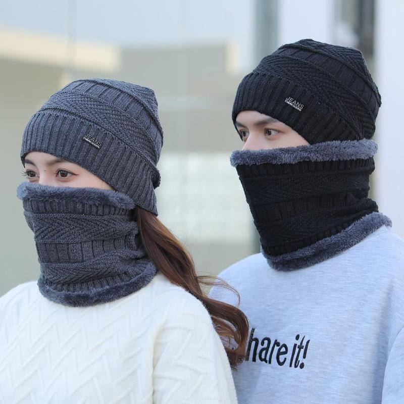 Spot winter knitted hat men's outdoor warm and cold neck protection two-piece hat women's cycling thickened wool hat