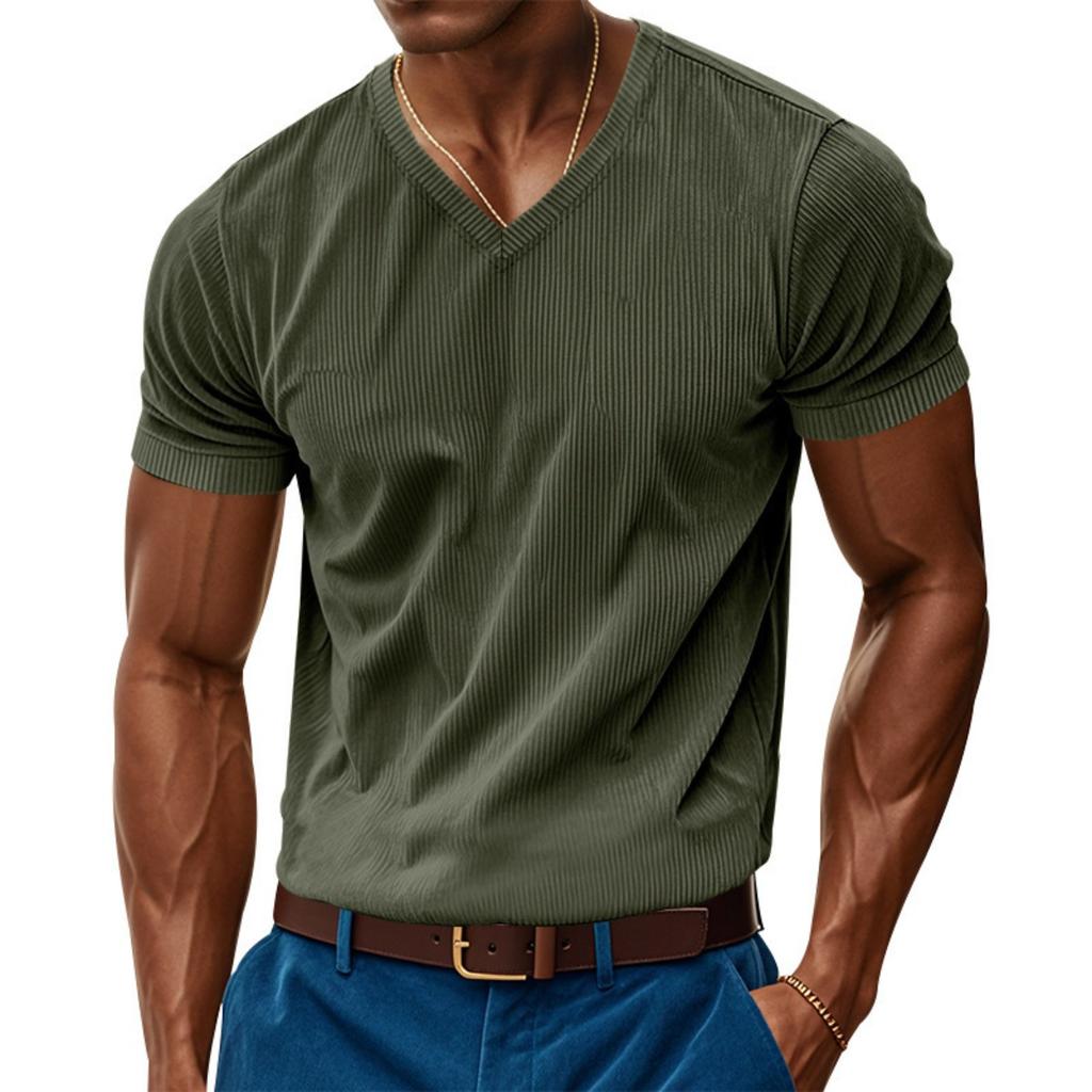 Men's American Style Loose Casual V-neck Short Sleeve Corduroy T-shirt Skin-friendly Amekaji Tee Summer