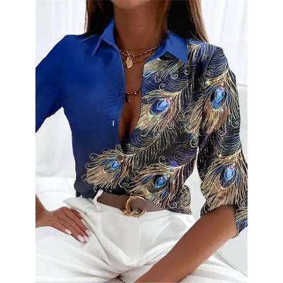 Modische Federmuster Damenhemden Frühling Sommer Langarm 3D-Druck Street Damen Freizeitbluse Große Größen Oberteile