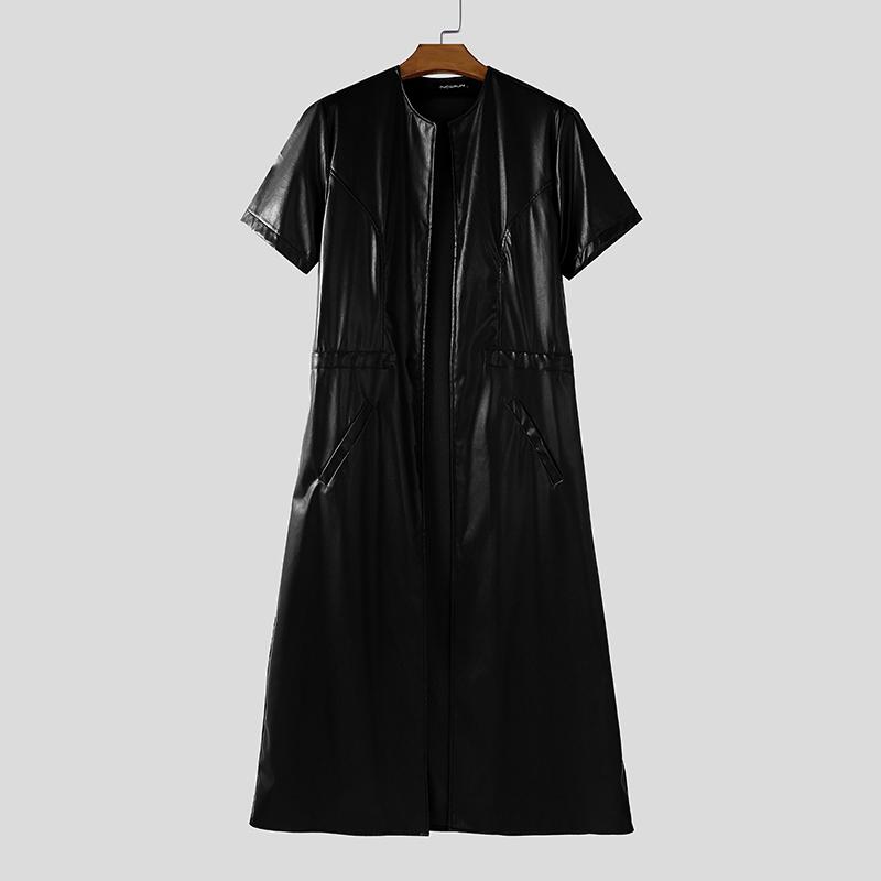 INCERUN Men Short Sleeve PU Open Front Faux Leather Long Cardigan Coats
