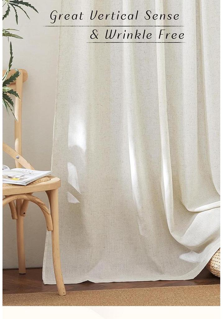 Cream Linen Blend Semi-Sheer Curtains: Light-Filtering, Privacy Smart, Perfect for Living Room or Balcony.