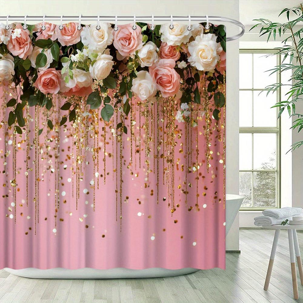 Romantic Rose Shower Curtain - Waterproof, Mildew-Resistant With Gold Glitter Design For Elegant And Festive Bathroom Decor