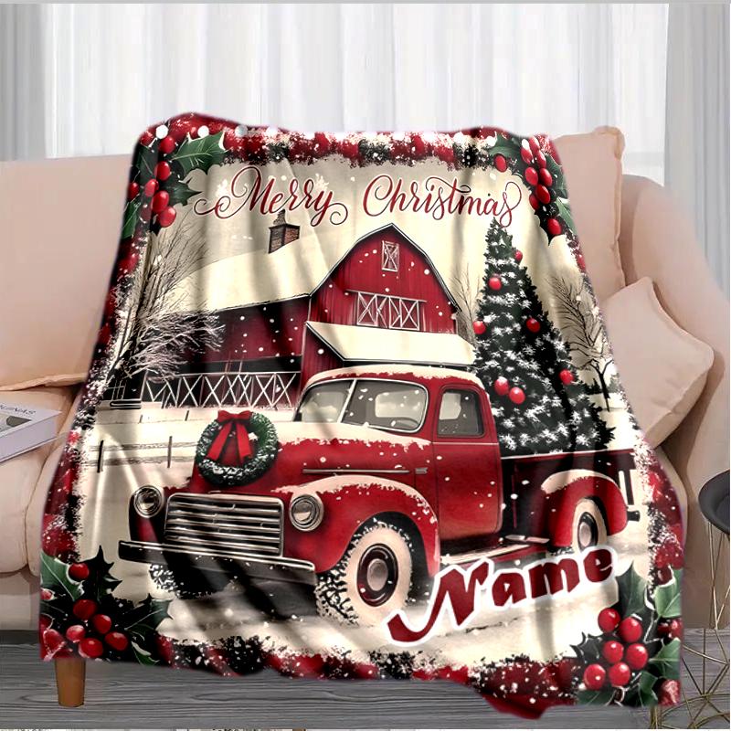 1PC Custom Name Christmas Truck Scene outdooor Flannel blankets Throw Blanket All-Season Throw Gift Bedspread for Couch, Bed, Camping Holiday Birthday