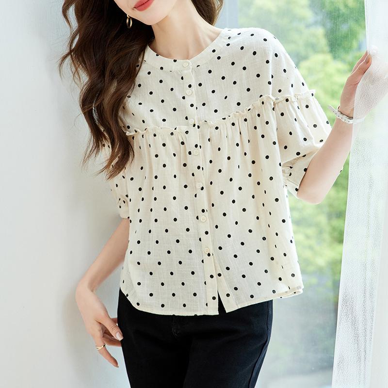 

Новая женская рубашка с короткими рукавами в горошек на лето. Новая блузка с пышными рукавами и круглым вырезом с принтом для женщин XXL