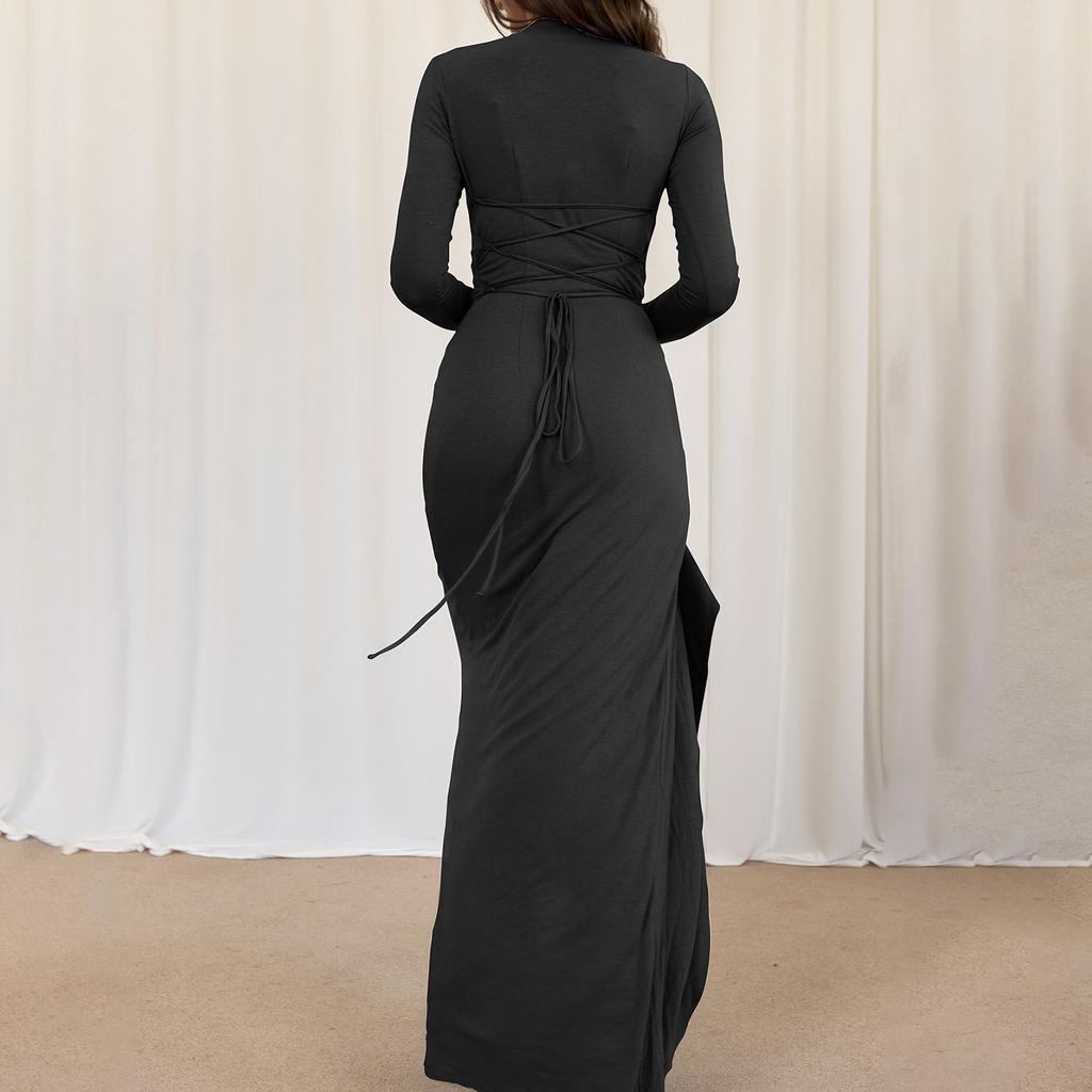 Women's Casual Fashion Long Sleeve Solid Color Slim Waist Dress