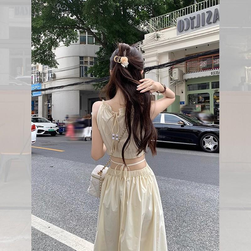 Neck Sling Dress Children's Summer Design Sense Hollow Waist and Thin Temperament Seaside Beach Vacation Dress