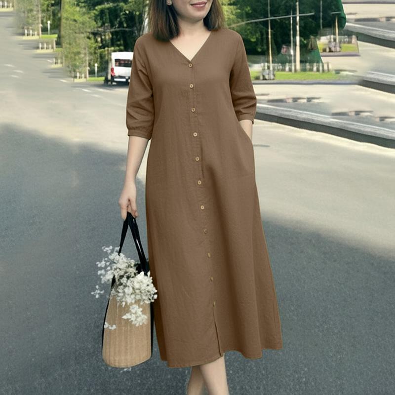 ZANZEA Women CasuaL V-Neck Summer 3/4 Sleeve Dress