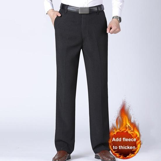 Men Suit Pants Straight Thick Plush Loose Solid Color Soft Pockets Mid Waist Zipper Button Closure Formal Business Style