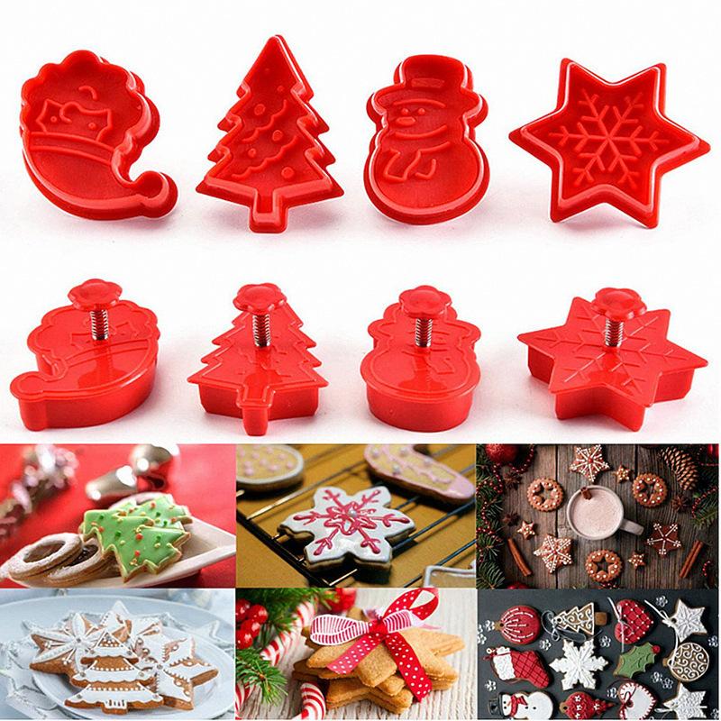 4Pcs Christmas Baking Mold Set DIY Tree Snowman Cookie Cutter Plunger for Gingerbread Fondant Cake Decorating Pastry Tools