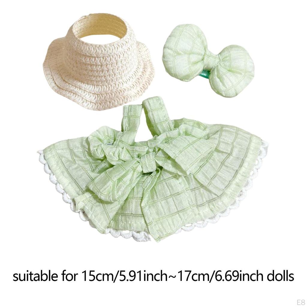 3 Pieces Dolls Dress with Hat Bow Hairpin Outfits Handmade Clothing for 15-17cm
