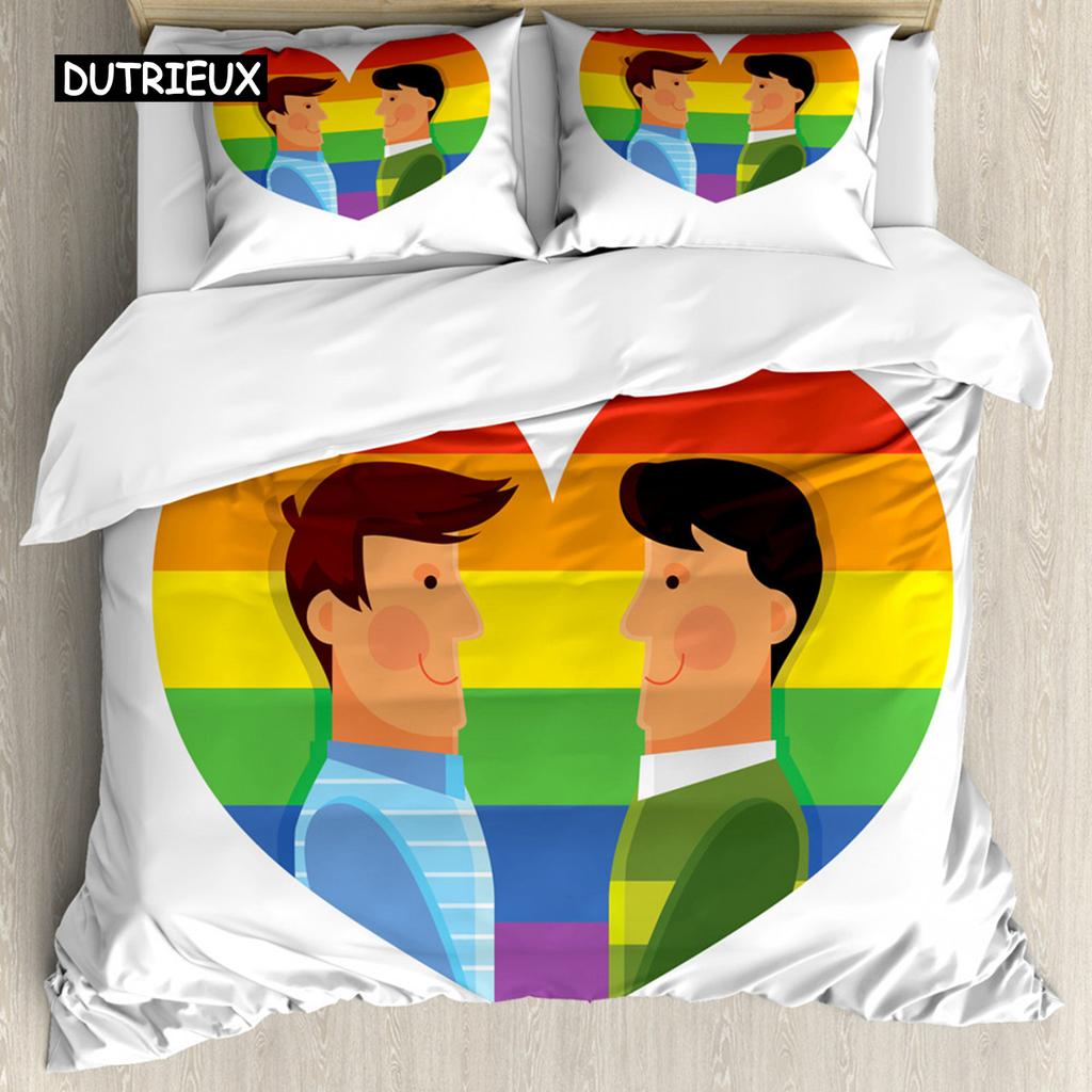 Pride Bettbezug-Set aus Polyester, Menschen feiern den Internationalen Tag der LGBT-Community mit einem Bettwäscheset mit farbenfrohem Streifendesign