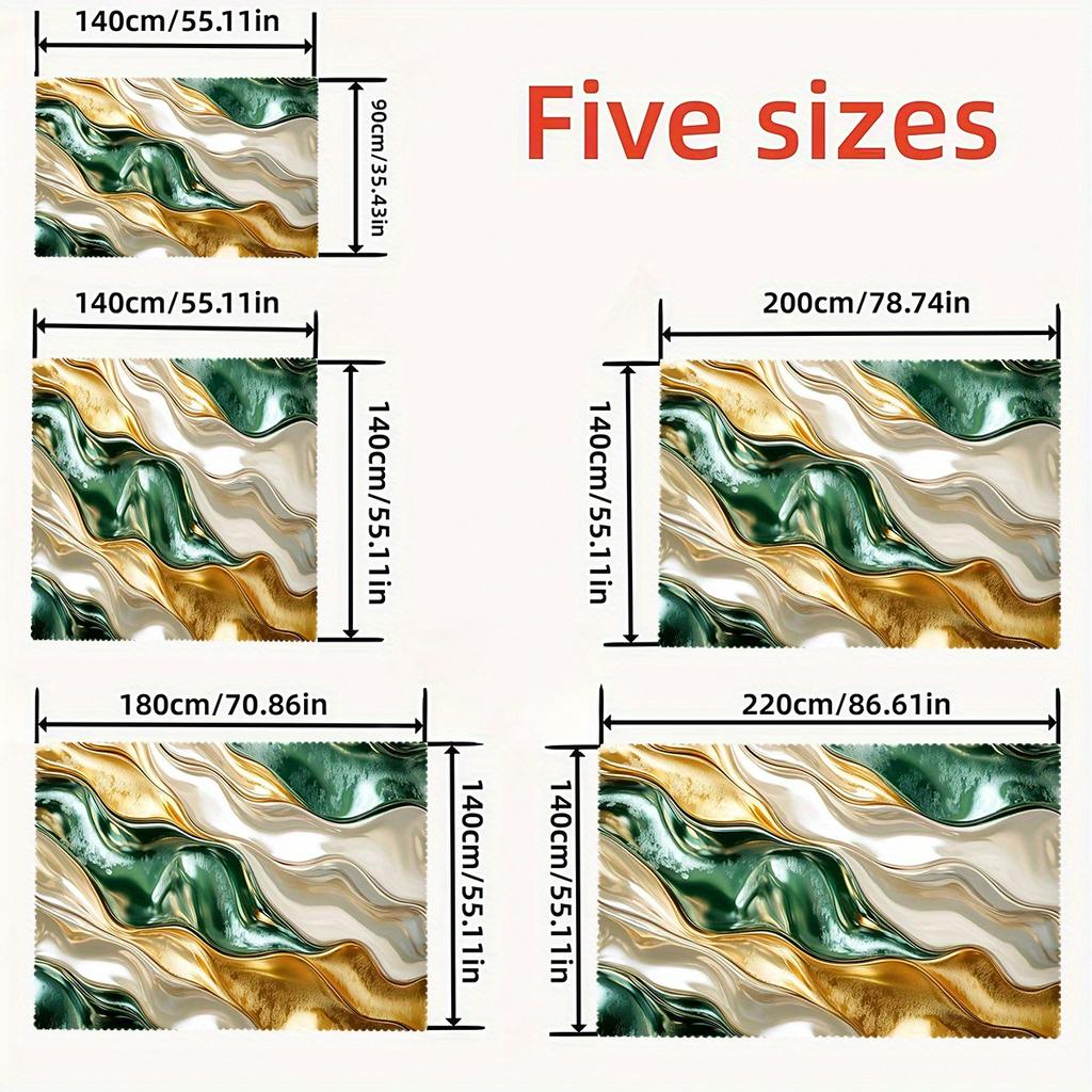 Luxury Marble Swirl Print Tablecloth, Green Gold and White Fluid Art Design with Scalloped Edge, Stain Resistant for Dining Room