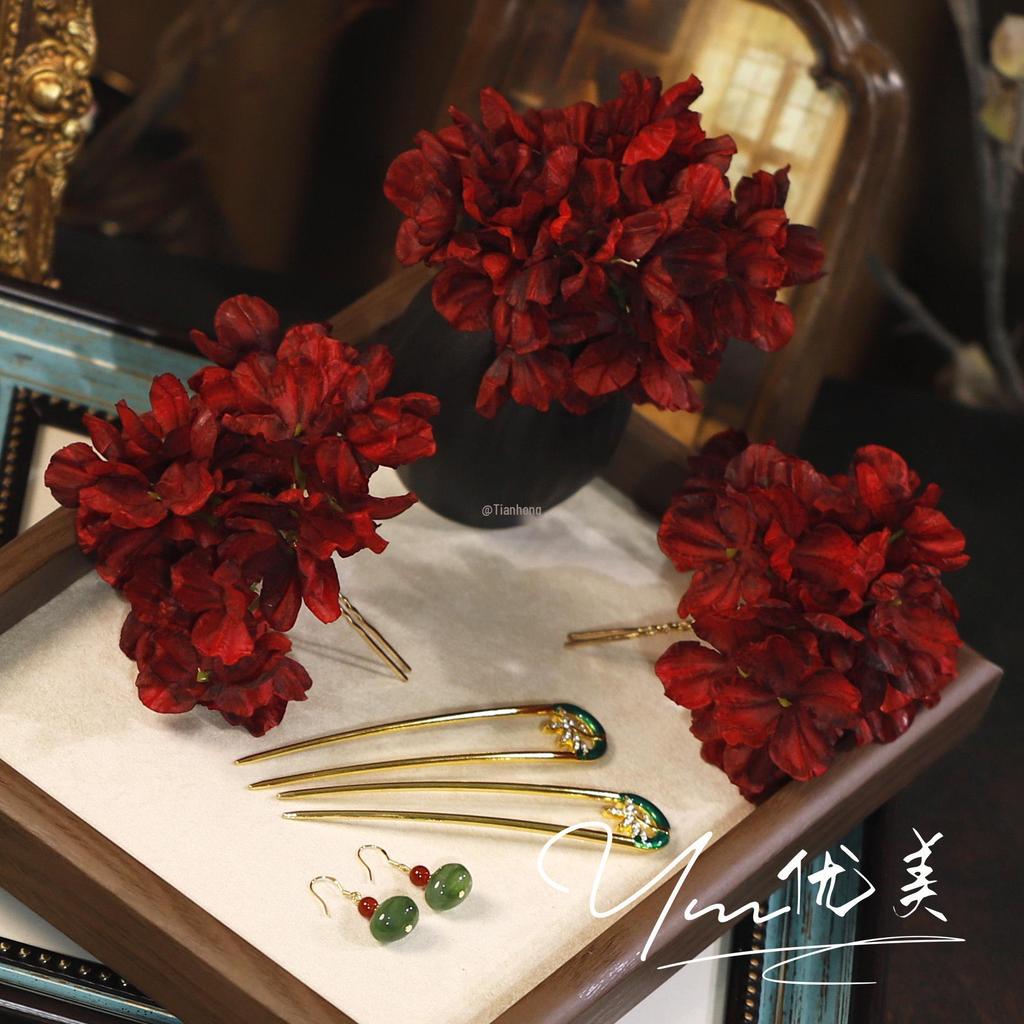 Retro Wine Red Fabric Flower Bridal Hairpin - Classical Chinese Style Headpiece