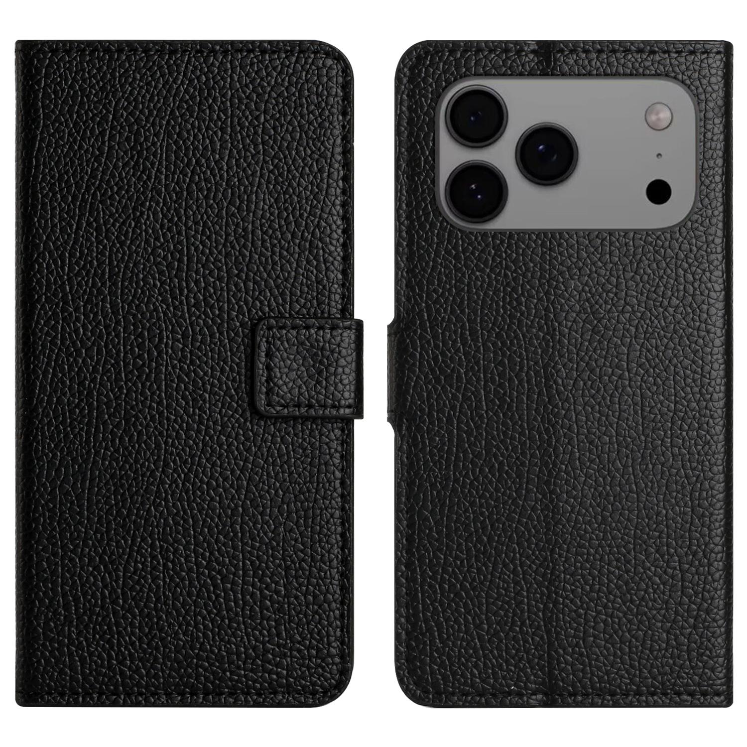 

For iPhone 17 Pro Max Case PU Leather Wallet Phone Cover Litchi Texture,Black A