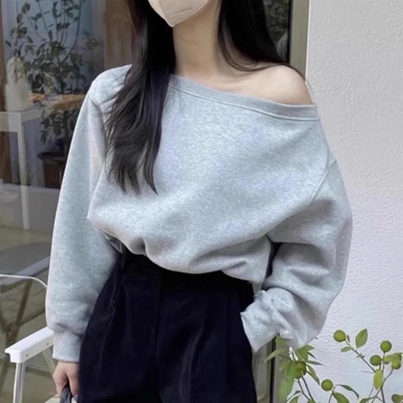 Women's Off-Shoulder Solid Color Sweatshirt, Casual Loose Fit, Long-Sleeved, Spring/Autumn.