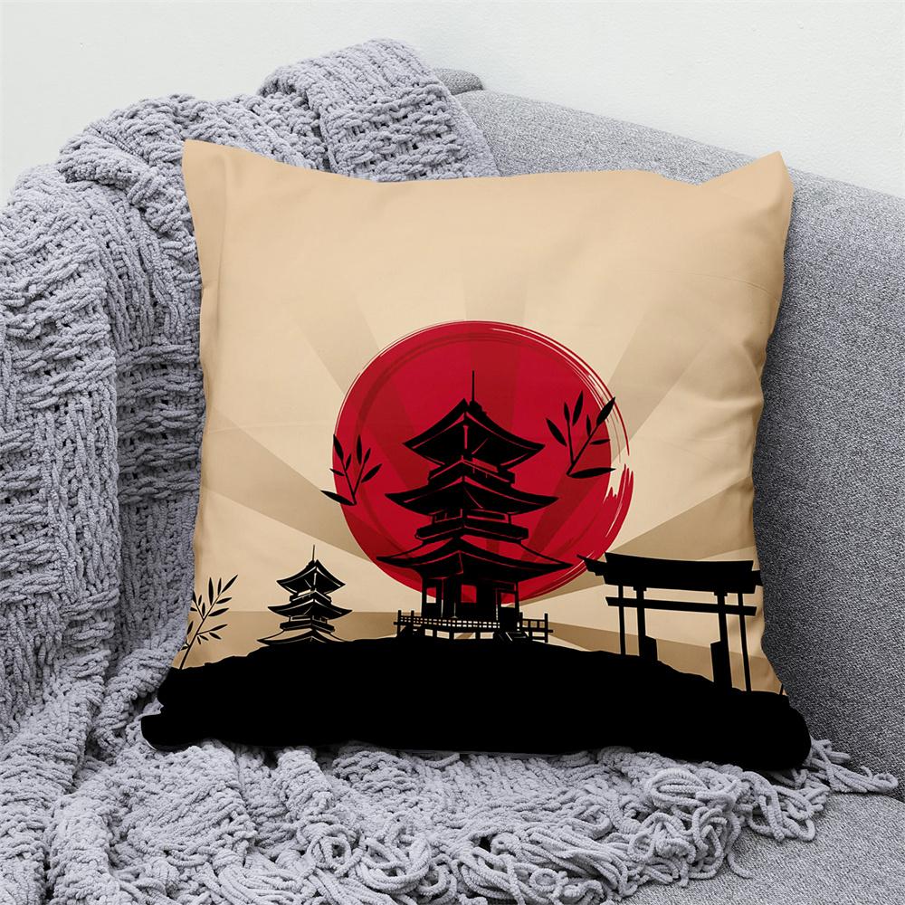 Lucky Cat Japanese Style Sofa Bed Decorative Pillow Cover Home Decor Mount Fuji  Art Cushion