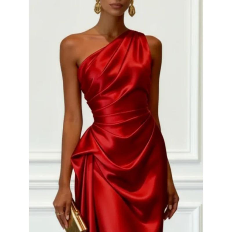 Satin Midi Dress with Ruched Waist Elegant Sleeveless Party Gown