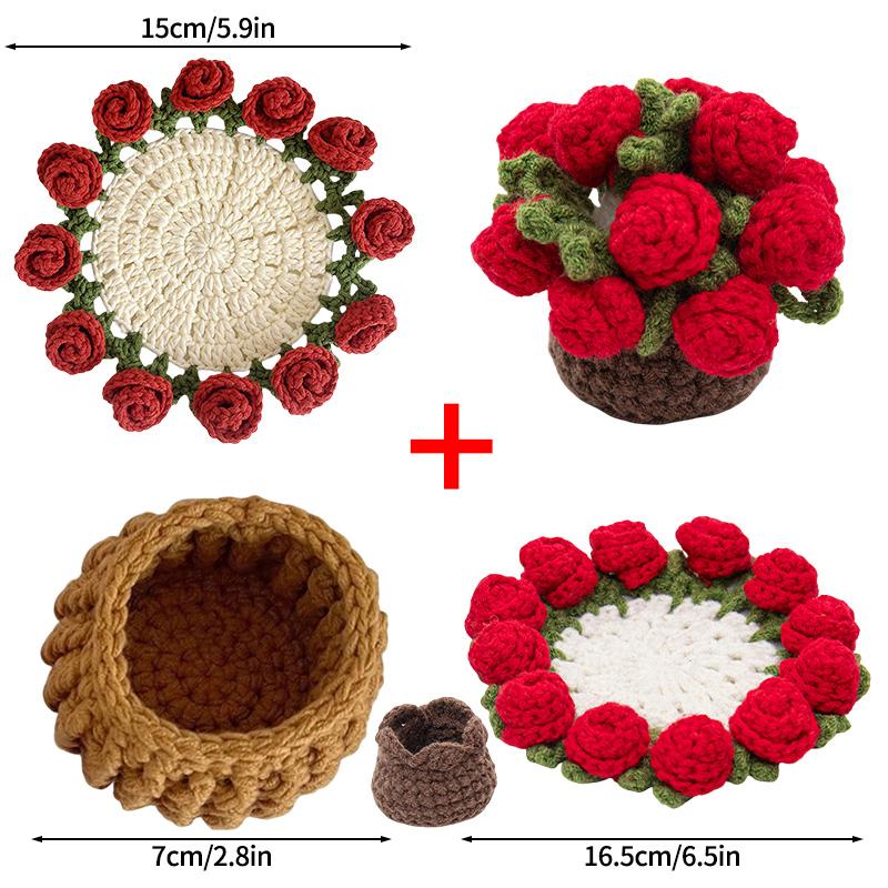 Rose Bouquet Coaster Crochet Flower Placemat Hand Woven Bouquet Cupmat Home Desktop Plant Decor Ornaments Birthday Wedding Gift