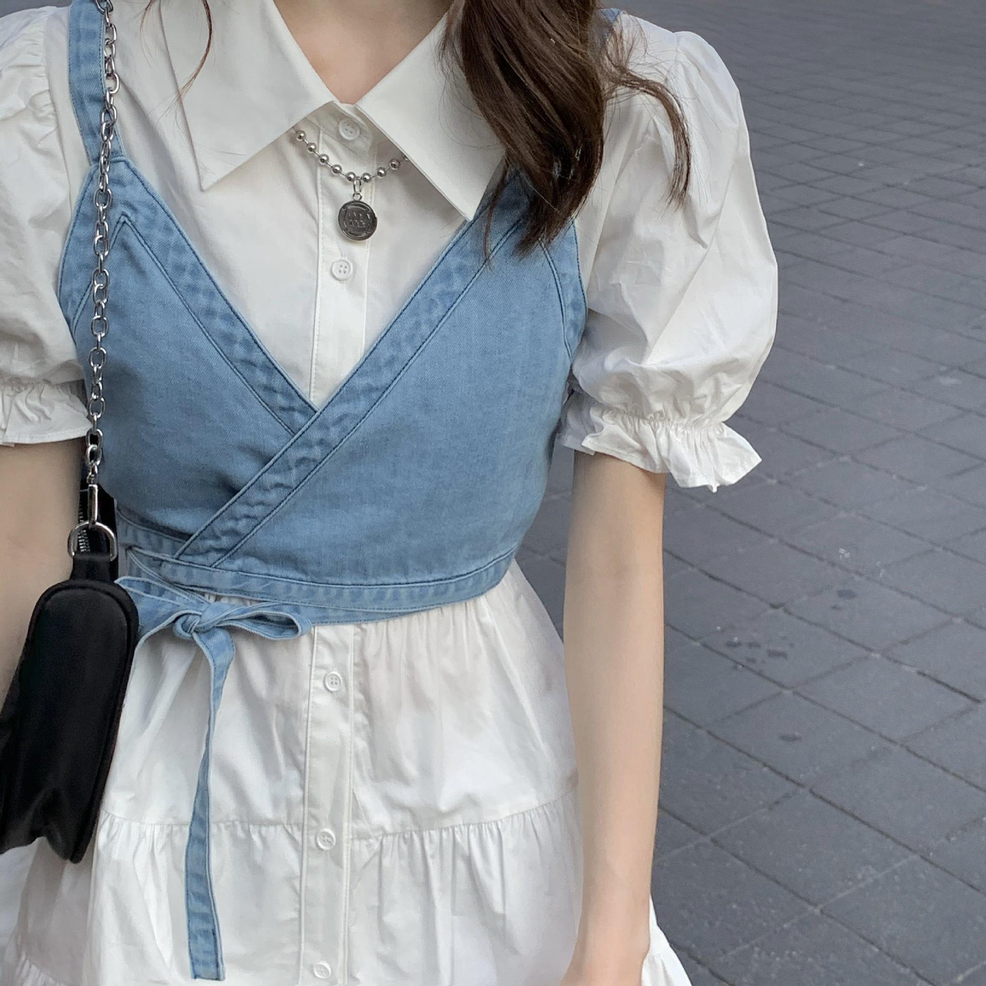 

2026 Korean College Style Denim Strappy Vest & Dress Two-Piece Set for Women Extra Large