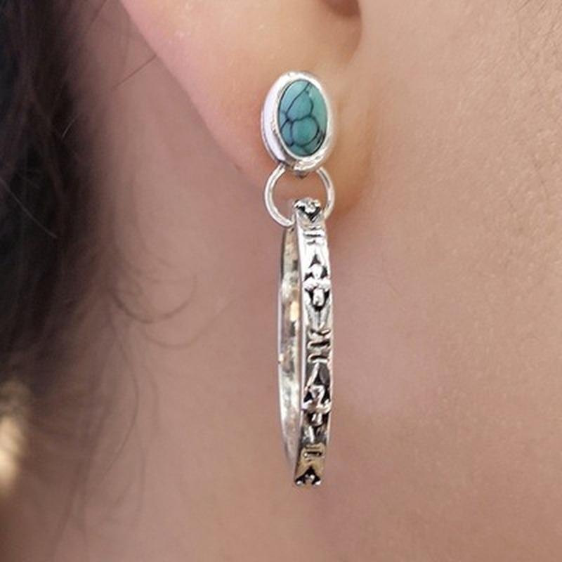 

Vintage Square Coral Stone Drop Earrings Ethnic Jewelry Silver Color Metal Carving Pattern Round Dangle Earrings for Women зелений