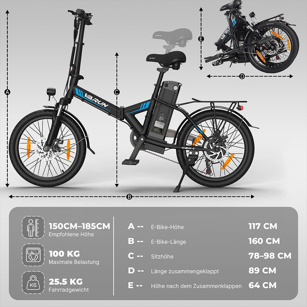 Elektrisches Fahrrad Faltbar VARUN C20 250W Motor 20" Reifen 48V 7.8AH Erwachsenen E-Bike Höchstgeschwindigkeit 25Km/h 7 Gänge Max. Reichweite 55Km Zuladung 150Kg Schwarz