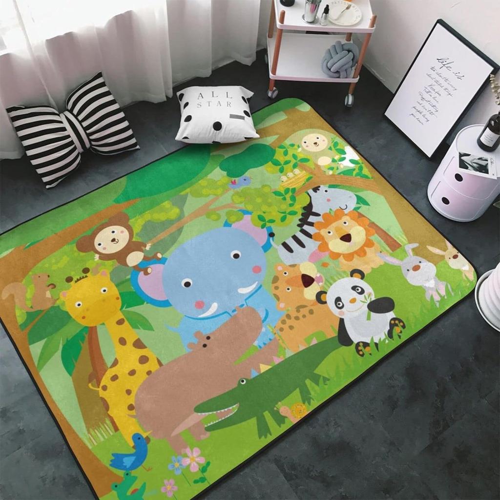Dzikie Zwierzę Kreskówkowe Dywanik Obszarowy, Dywan ze Zwierzętami Safari Afrykańskiego dla Dzieci, Dekoracja Pokoju Kawaii, Mata Wejściowa, Mata Podłogowa Dzikie Zwierzęta Dżungli