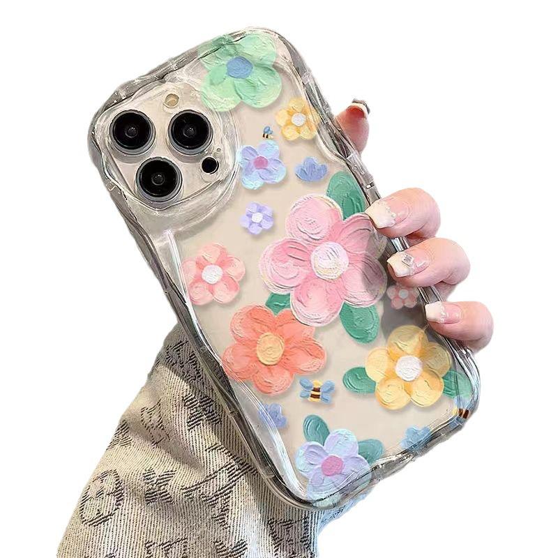 Etui na telefon z motywem fali 3D i kwiatów w stylu malarstwa olejnego dla iPhone 15, 14 Pro, 12/11 Pro Max - Pełne pokrycie i przezroczyste.