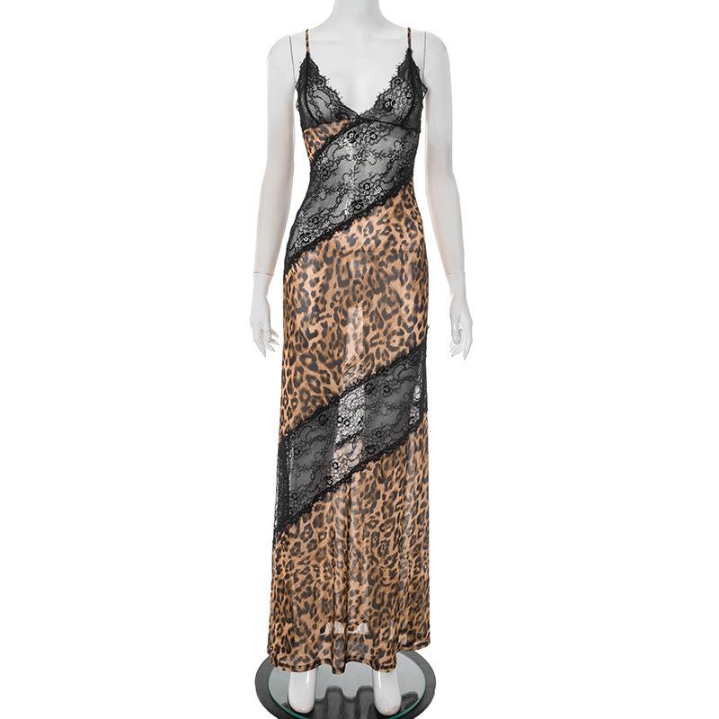 New women s clothing leopard print splicing lace deep V suspender fishtail long dress dress women S цветной печати леопарда