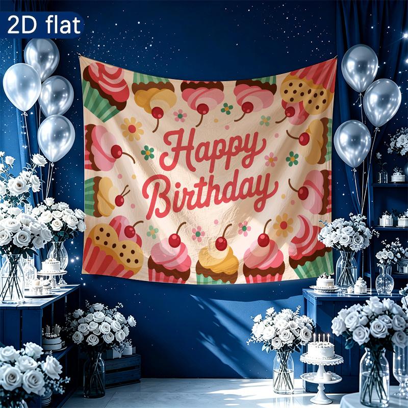 Birthday Party Cupcake Gifts Banner, Multicolor Polyester Backdrop for Wall Hanging Decor