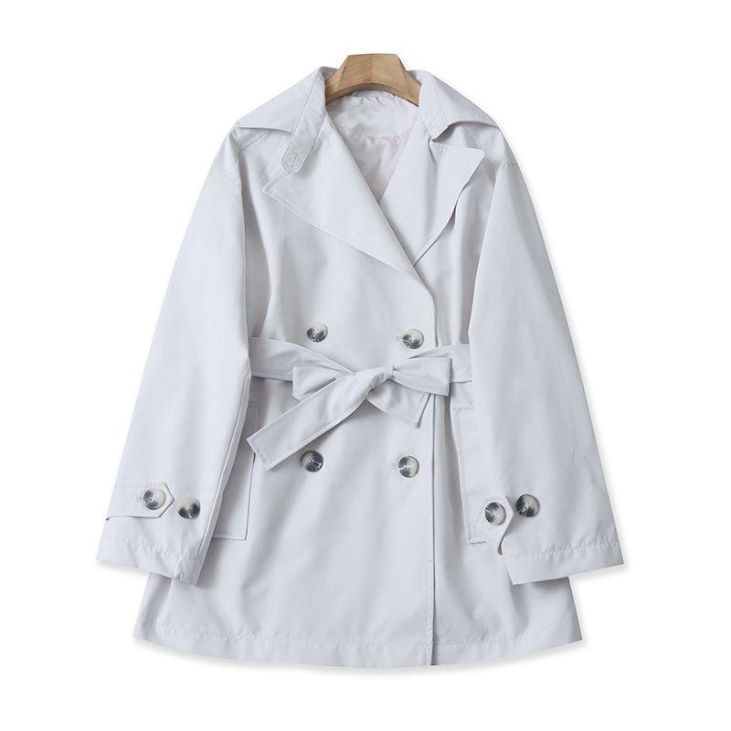 

P/10/14 Spring New Arrival Foreign Trade Women s Clothing Youth Loose Casual Polo Collar Double Row Two Button Pure Color Trench Coat Gray White 48