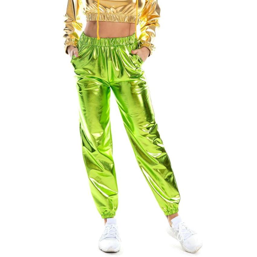 Womens Metallic Shiny Jogger Pants Casual High Waisted Harem Pant Holographic Color Hip Hop Trousers Streetwear