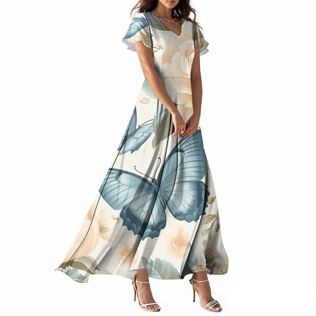 Abito Casual Estivo da Donna con Stampa Farfalla, Scollo a V, Manica Corta