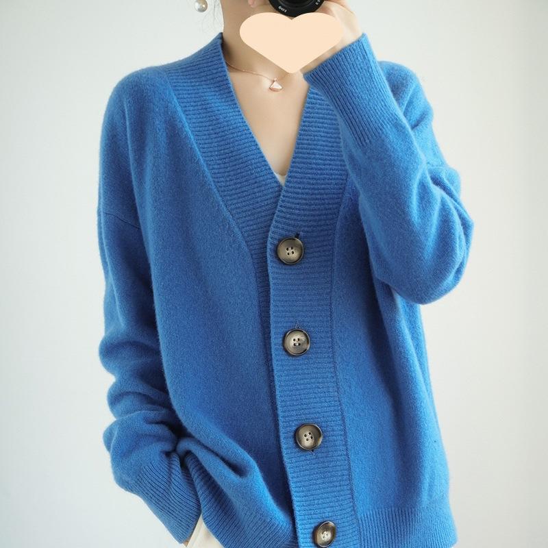 GMXIA Spring and Autumn Knitted Sweater, Loose Large-sized Cardigan, Women's Collar Knitted Sweater, Solid Color Button, Laid-back Coat