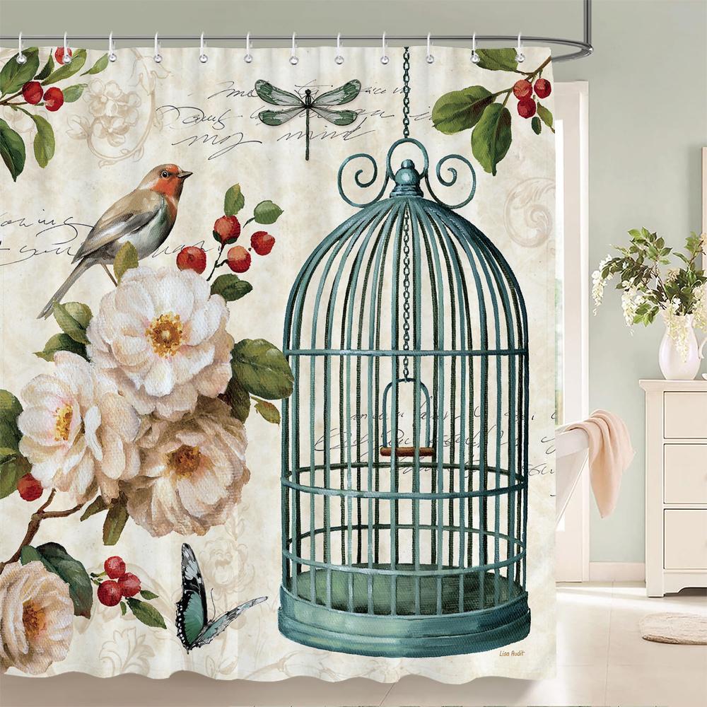 Bathroom Retro Flower-and-bird style Shower Curtain European style Art Polyester Fabric Shower Curtain 180 * 180CM with Hooks