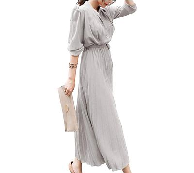 JINJUDUO Long Sleeve Pleated Fashionable Plain Button Closure Long Dress with Waistband and Belt Women's Autumn/Winter Dress, (Gray, XX-Large)