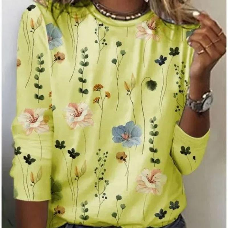 Women's T-shirt with 3D Floral Print and Fashionable Long Sleeves