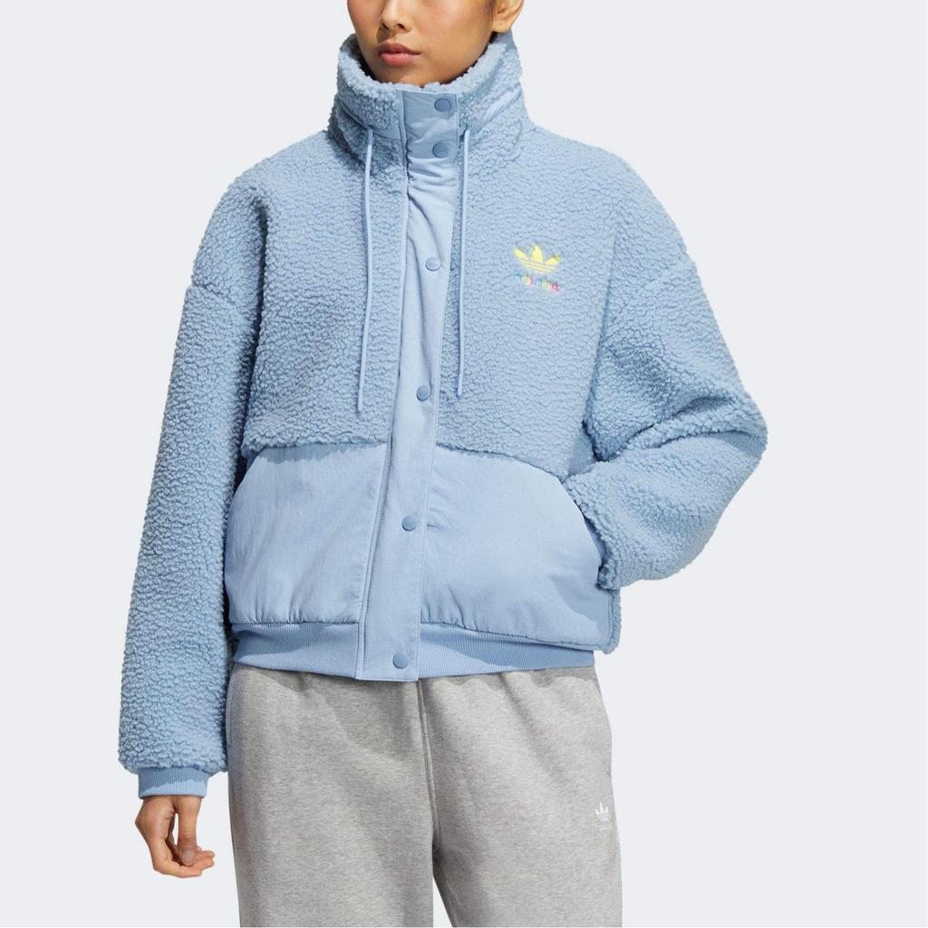 adidas Originals Solid Color Embroidered Logo Zip-Up Stand Collar Jacket Women Jacket Blue HY1374