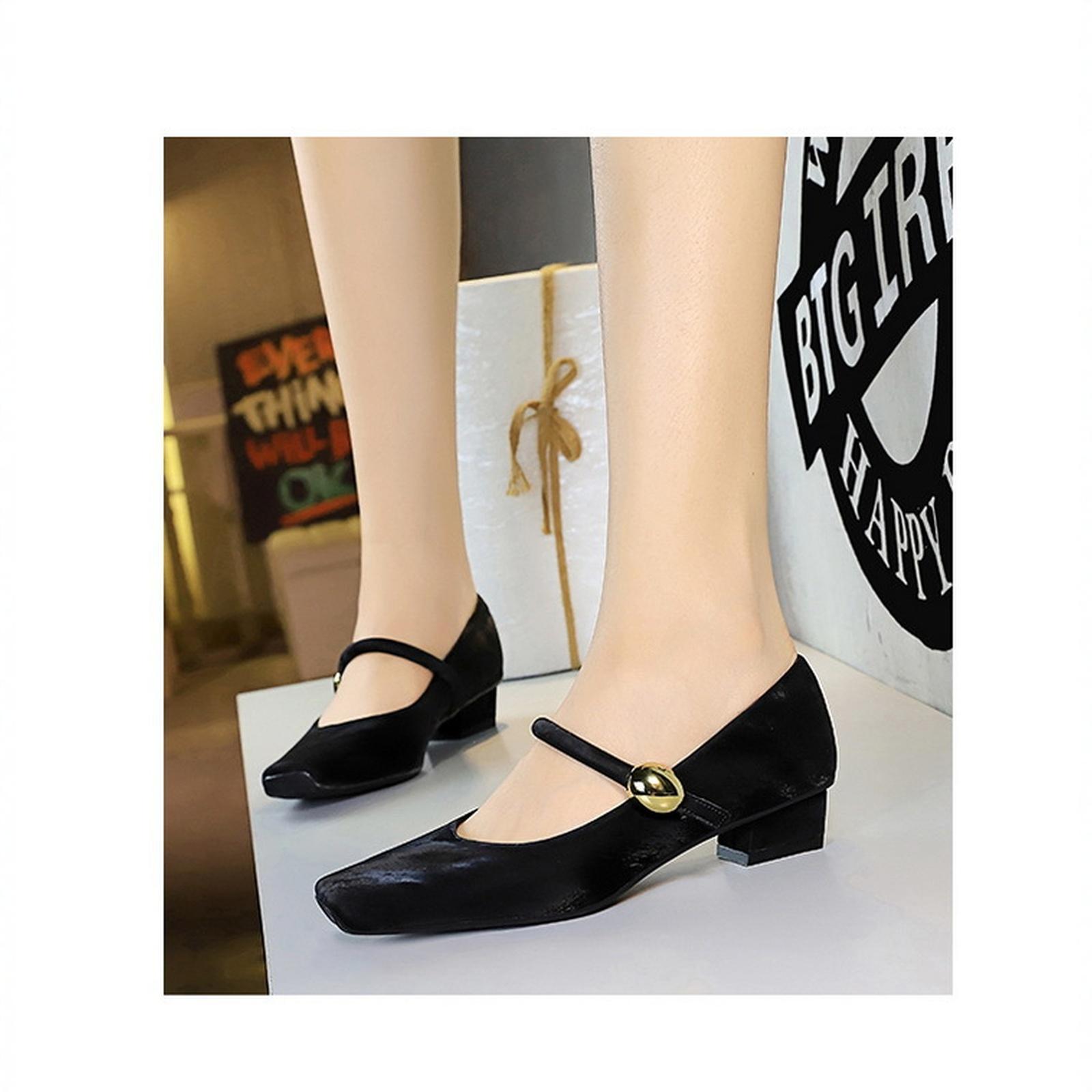 Women s Retro Mary Metal Strap Square Toe Low Heels 36