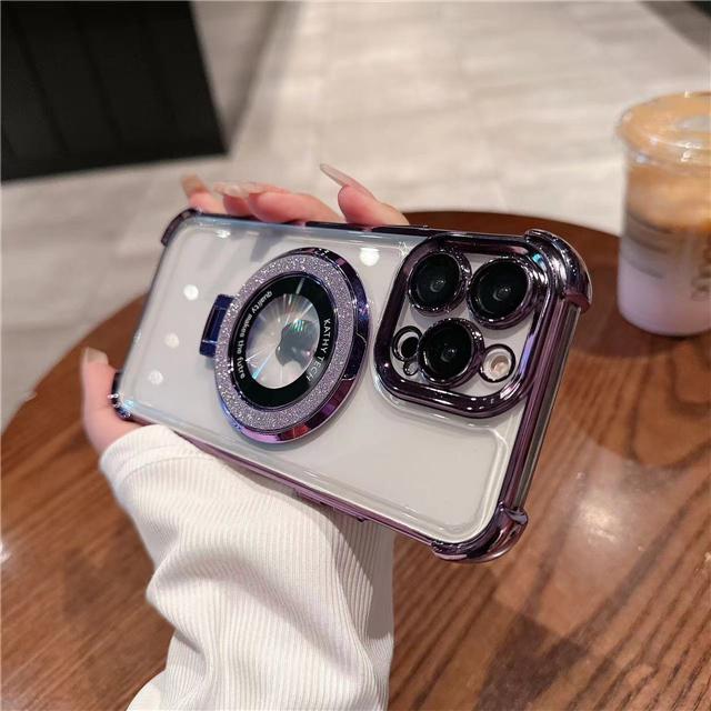 For iPhone 16E 16 Pro Max Luxury Flash Holder Stand Plating Frame Phone Case For iPhone 11 12 13 14 15Plus Lens Protective Cover