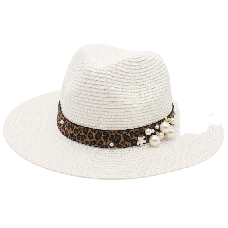 Spring And Summer 2022 New Panama Straw Hat Leopard Print Pearl Top Hat Men And Women Elegant Foldable Jazz Hat