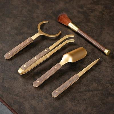 Pure Copper High Grade Black Sandalwood Tea Set 6 Pcs Accessories Kit with Pick Knife Tongs Brush Scoop for Chinese Tea Ceremony