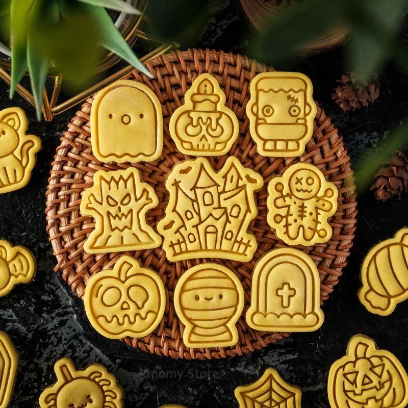 Halloween Cookie Cutter Set Plastic 3D Ghost Skull Bat Pumpkin Mummy Cartoon Biscuit Mold Stamp Pastry DIY Cake Decorating Tools