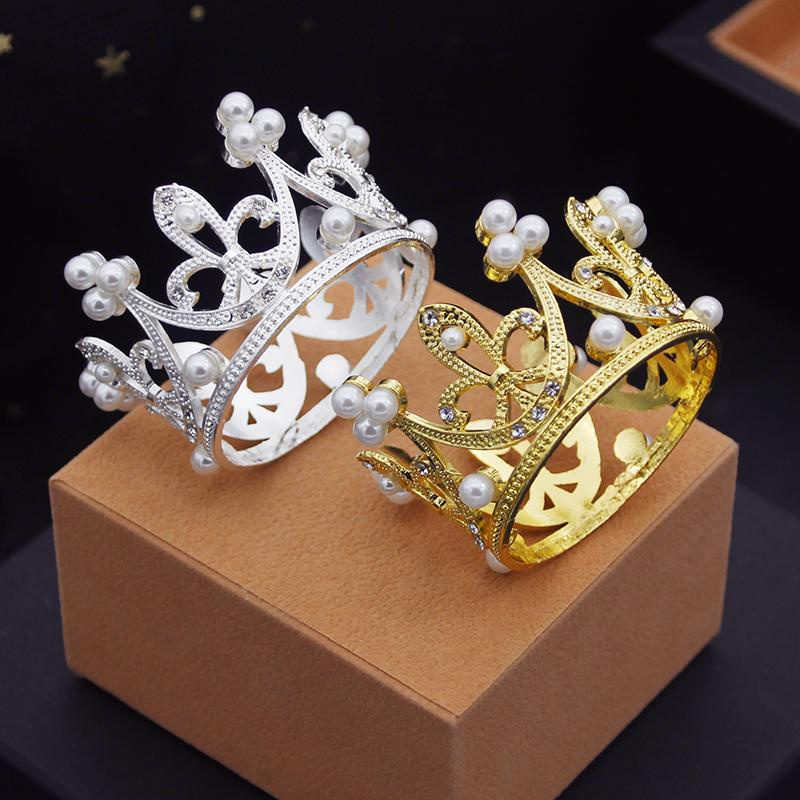 Rhinestone Pearls Metal Crown for Boys Girls Baby Birthday Prom Mini Tiaras Hair Jewelry Cake Crowns Ornaments Party Accessories