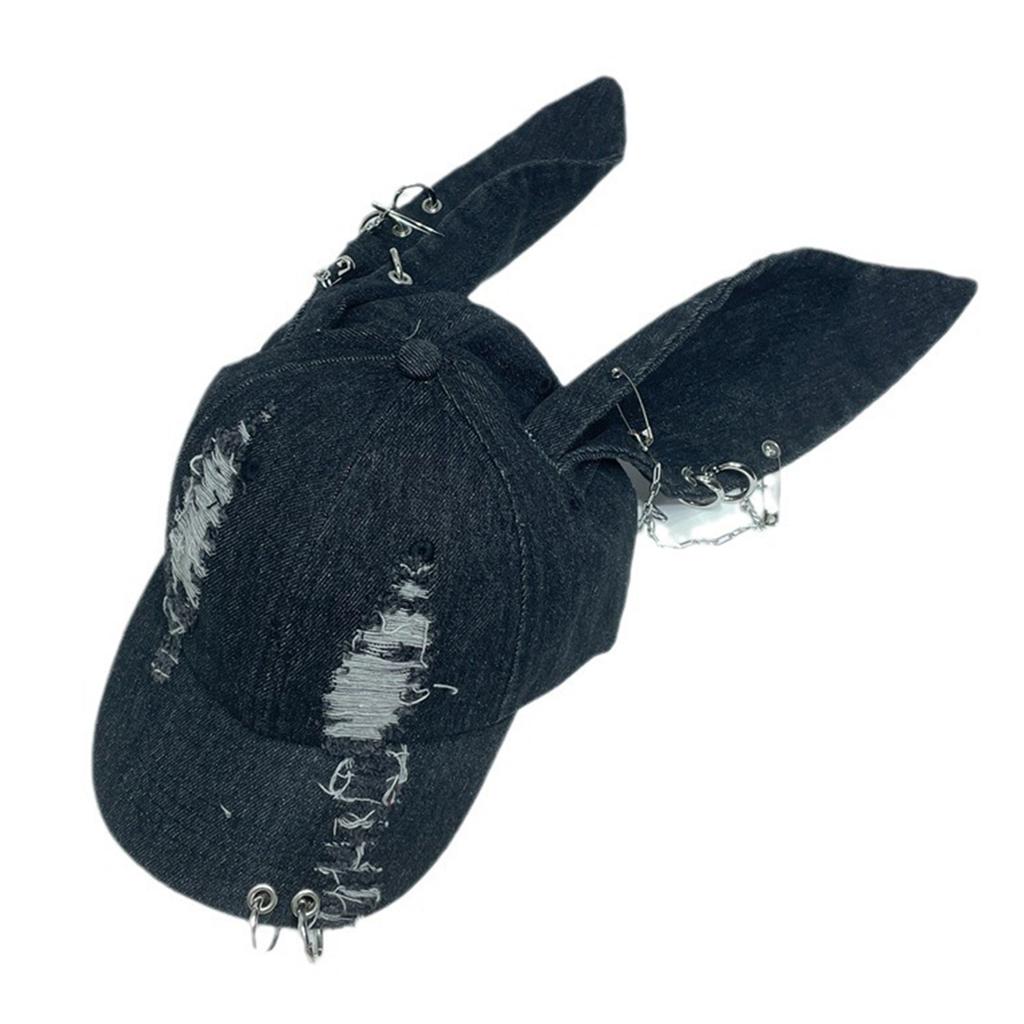 Teens Distressed Baseball Caps with Rabbit Ears Decors Outdoor Sports Camping Baseball Caps Woman Breathable Cycling Hat