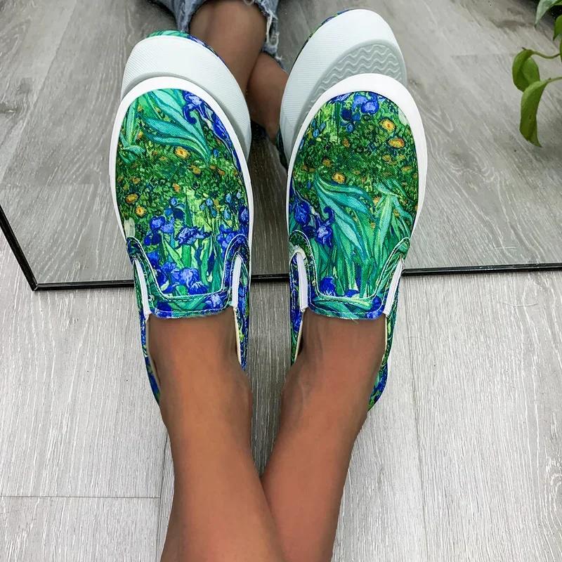 Fashion Women's Flat Shoes Graffiti Casual Sneakers Low Cut Slip-on Ladies Canvas Shoe Female Designer Loafers Plus Size Round Toe 2025