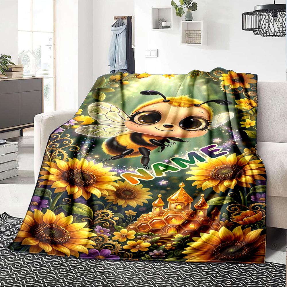 Cute Bee And Sunflower Garden Home Customize Your Name Blankets Soft Cozy Lightweight Allseason Multiuse Throw Perfect For Picnic Sofa Office Bed