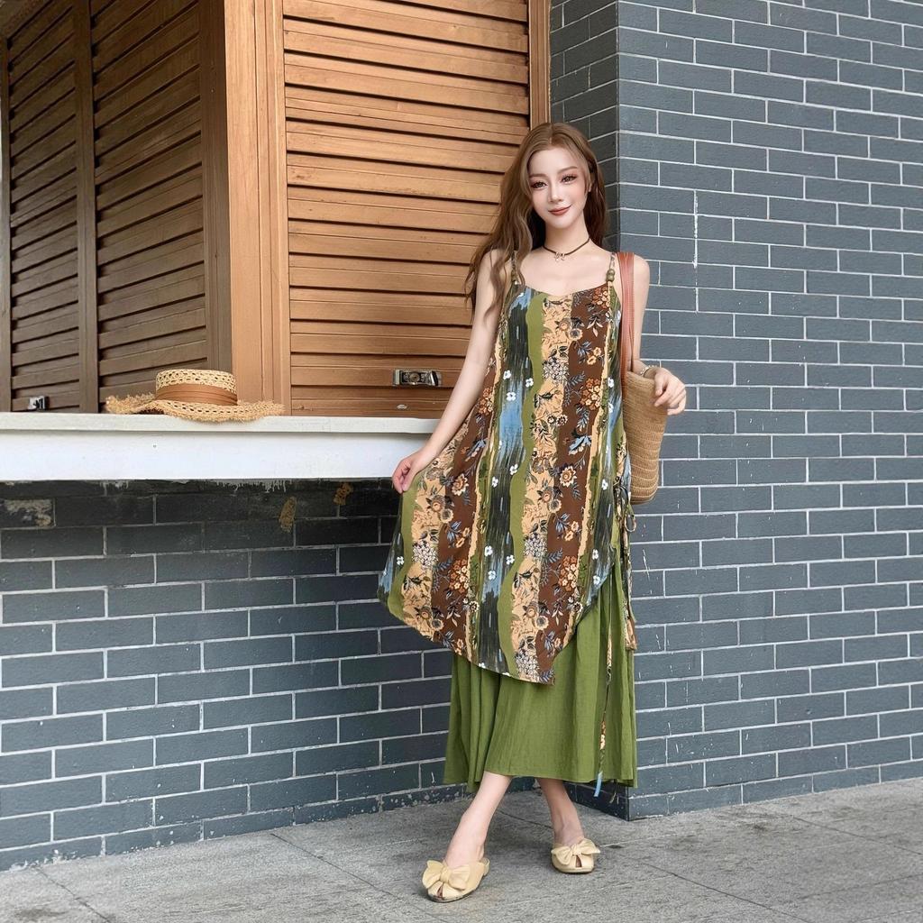 New Bohemian Sweet Flower Print Suspender Dress Women Yunnan Dali Vacation Ethnic Style